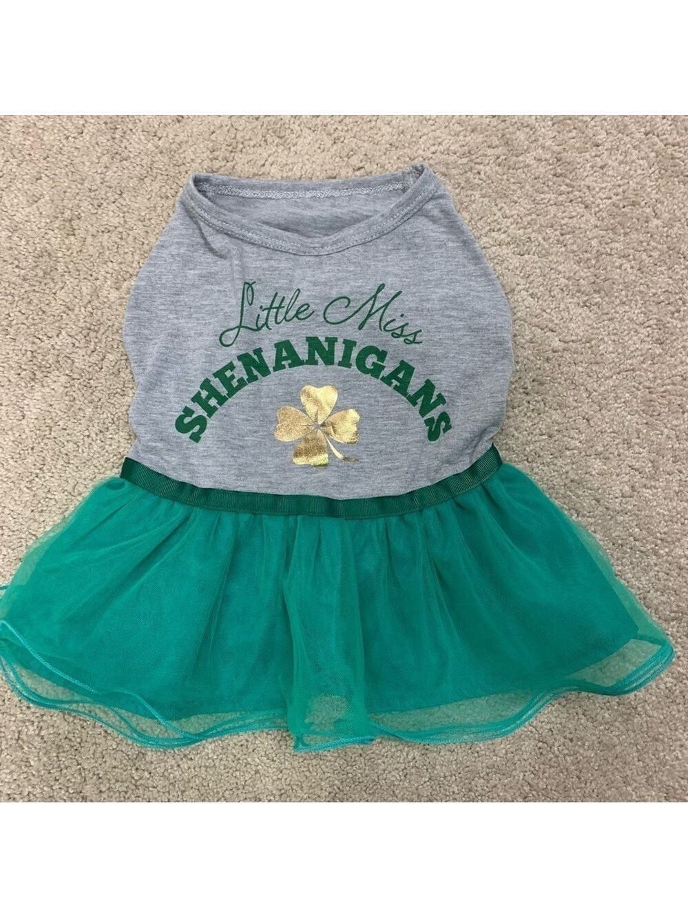 Top Paw small breed dog Little Miss Shenanigans four leaf clover gray dress Sz M